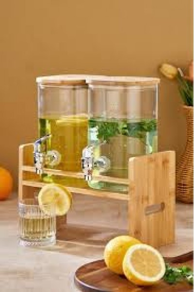 Cooker 2,5+2,5 Litre Bambu Kapaklı İkili Borosilikat Cam Sebil Seti CKR3841
