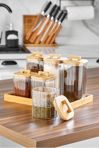 Cooker 6lı Bambu Kapaklı Borosilikat Cam Kare Standlı Baharatlık Seti CKR3831