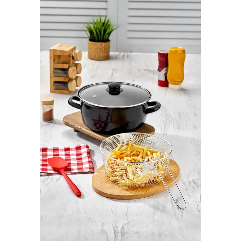 Polochef Emaye Kızartma Tenceresi 26 cm - Siyah Fritöz Telli ve Kapaklı
