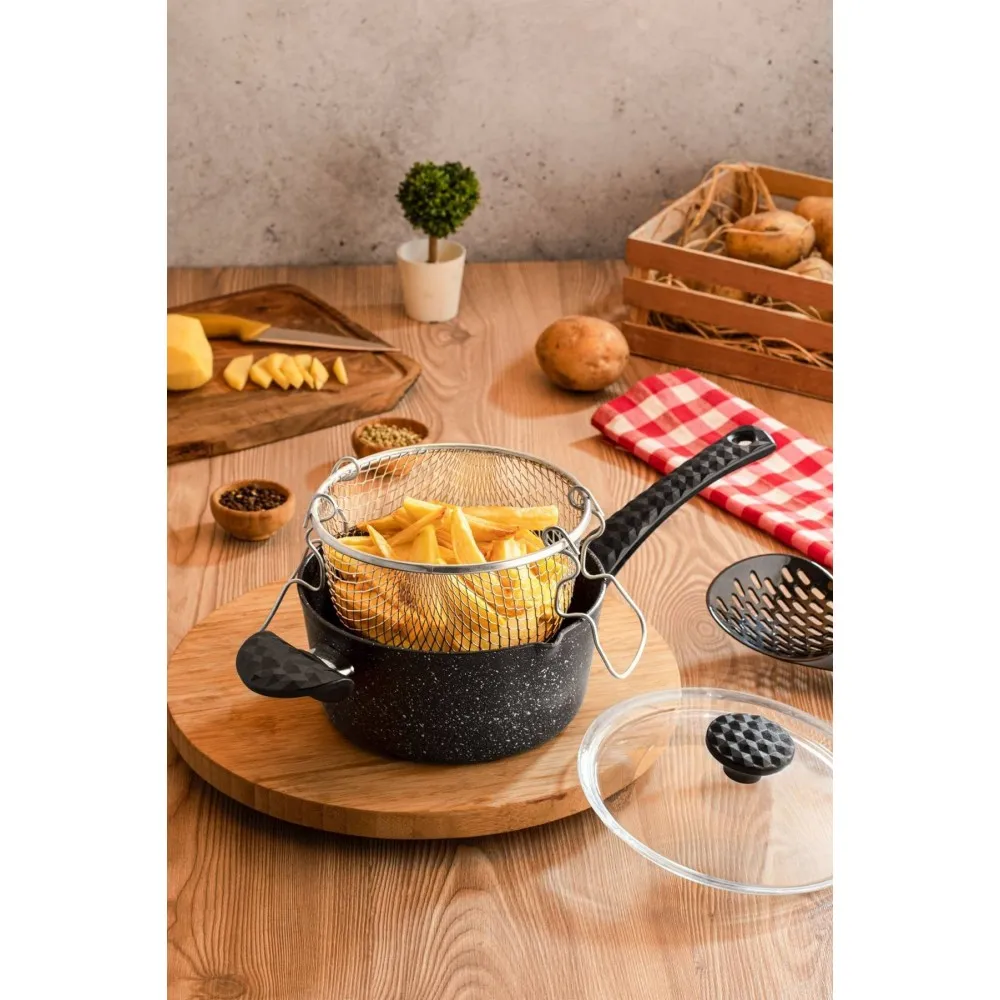 Polochef Cheflon Granit Patates ve Sosis Kızartma Tenceresi 20 cm - Fritöz Telli ve Kapaklı - Siyah Polochef Cheflon Granit Patates ve Sosis Kızartma Tenceresi 20 cm - Fritöz Telli ve Kapaklı - Siyah