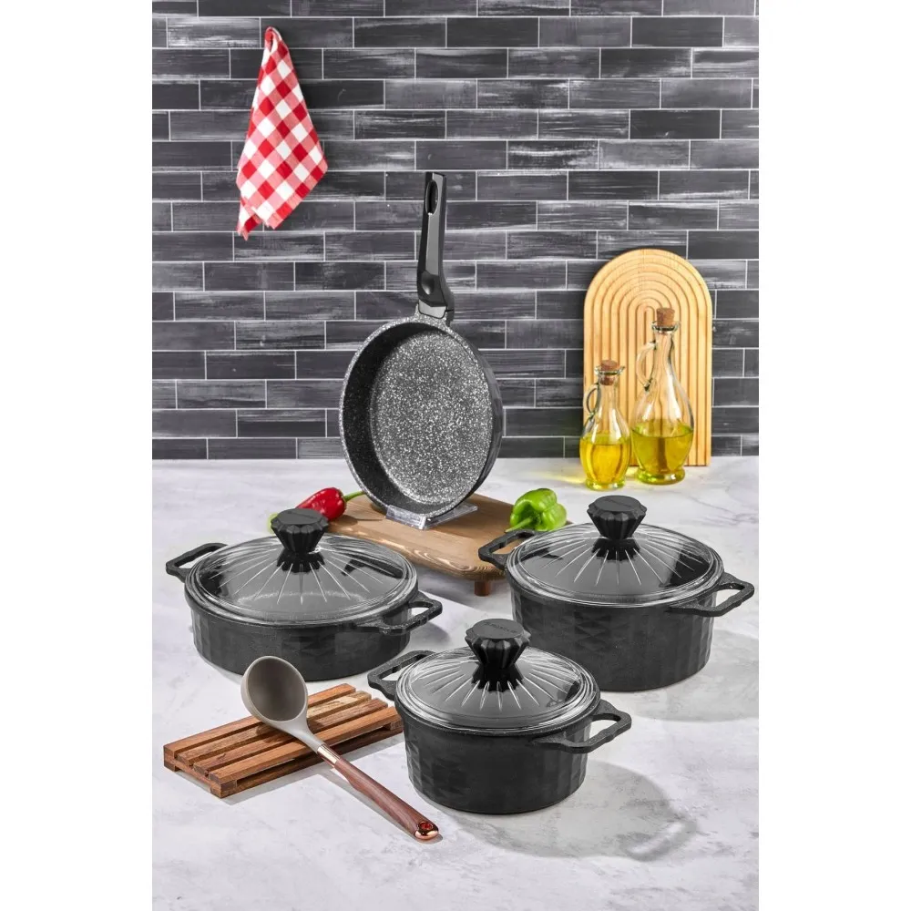 Polochef Kristal 7 Parça Döküm Granit Tencere ve Tava Seti - Siyah