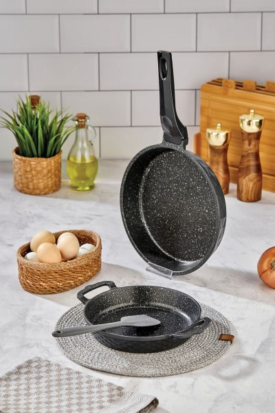 Kristal Granit Tava ve Sahan Seti - 2li Takım - 24 cm Tava + 20 cm Sahan - Siyah Kristal Granit Tava ve Sahan Seti - 2li Takım - 24 cm Tava + 20 cm Sahan - Siyah