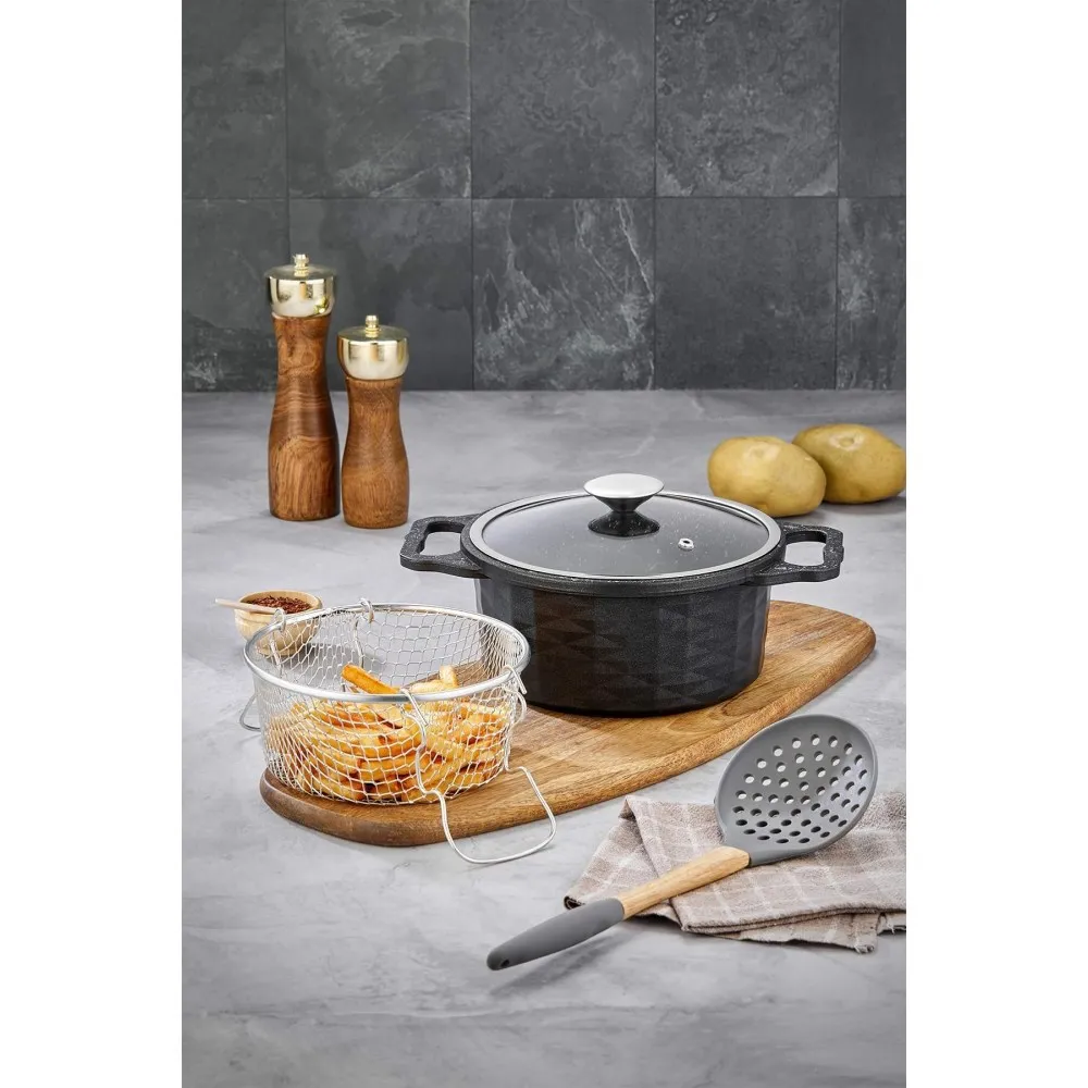 Polochef Kristal Döküm Granit Kızartma Tenceresi 20 cm - Siyah Yapışmaz Fritöz Tenceresi 