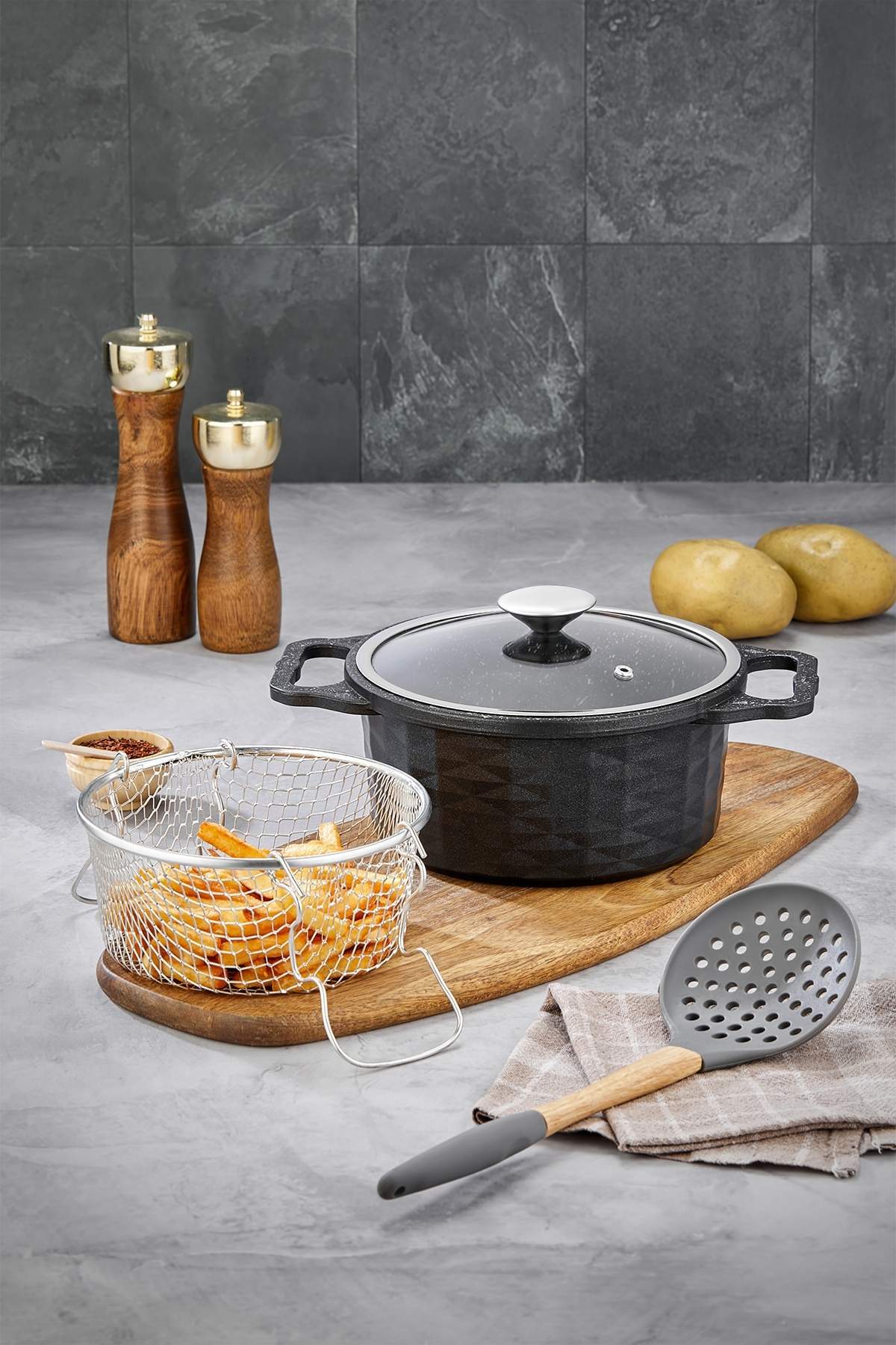 Kristal Döküm Granit Kızartma Tenceresi 20 cm - Siyah Yapışmaz Fritöz Tenceresi 