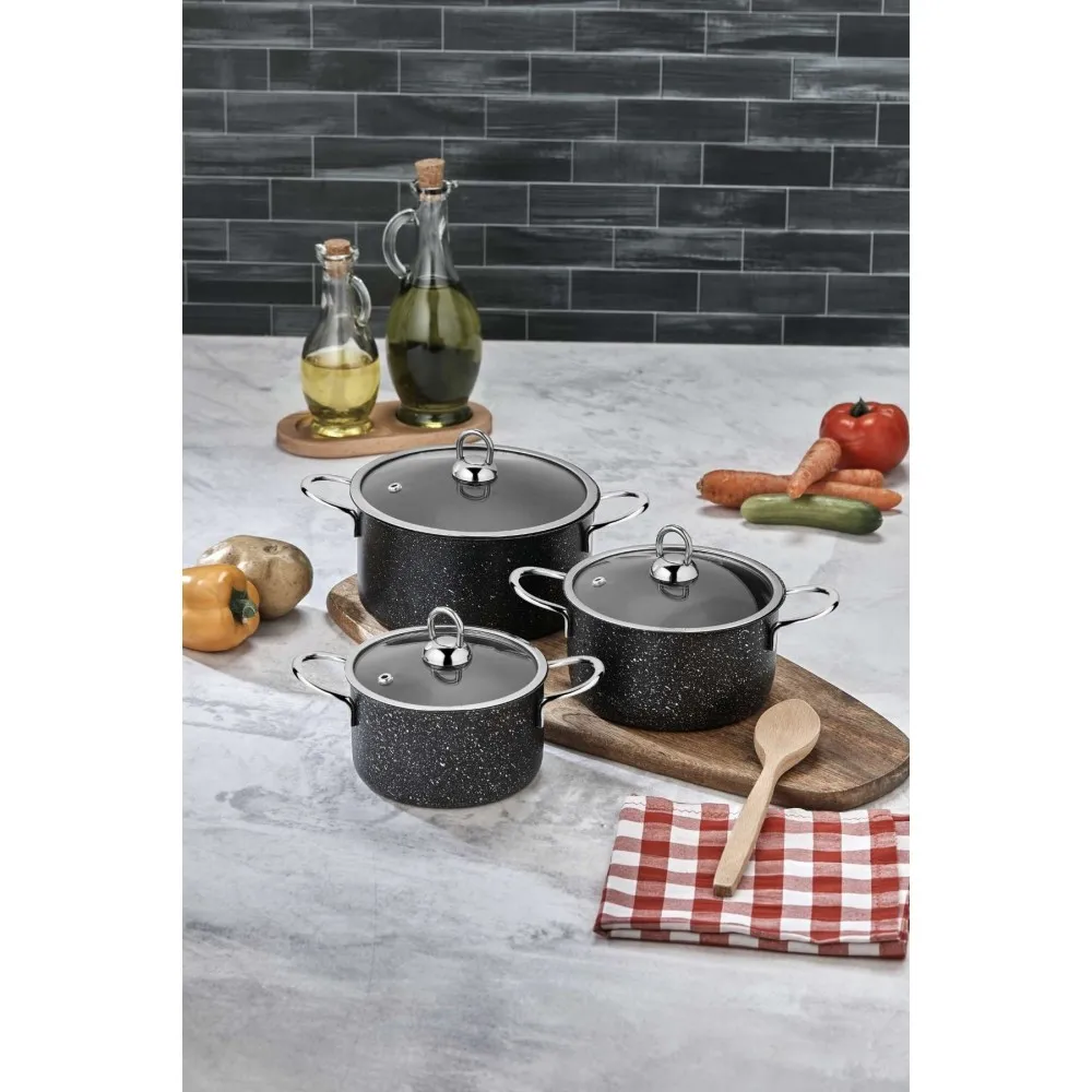Polochef Hilal 3lü Granit Mini Tencere Seti 12-14-16 cm - Kapaklı Siyah - İndüksiyon Uyumlu