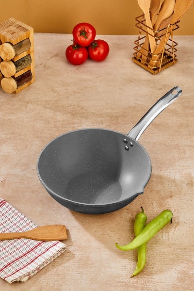 İron Döküm Granit Wok Tava 28 cm - Metal Kulplu - Gri İron Döküm Granit Wok Tava 28 cm - Metal Kulplu - Gri