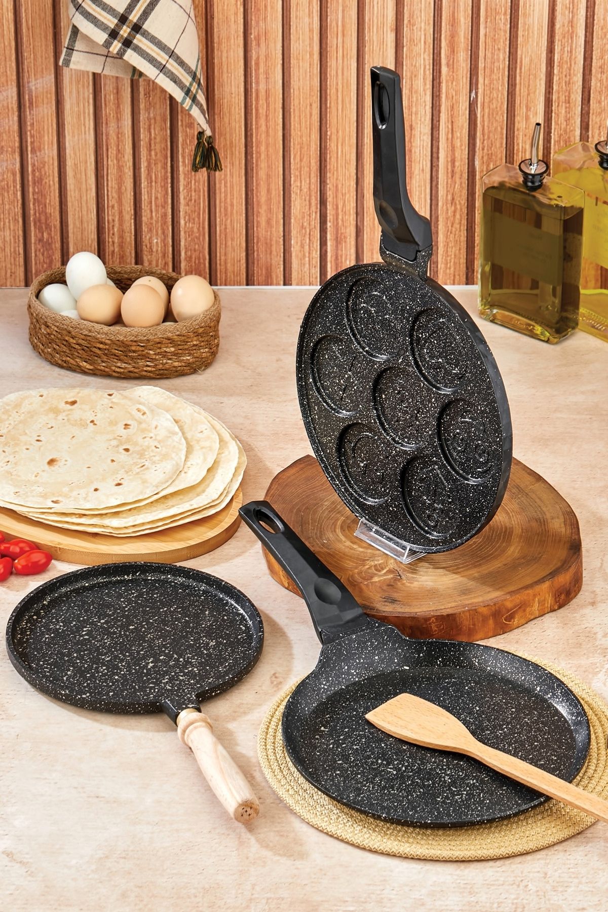 Granit 3lü Kahvaltı Seti - Krep + Pankek + Gözleme Tavası - Siyah