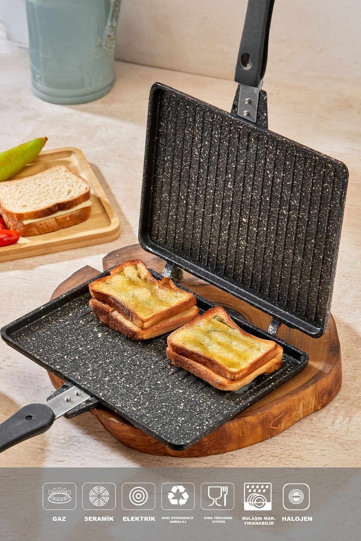 Döküm Granit Ocak Üstü El Tost Makinası Siyah