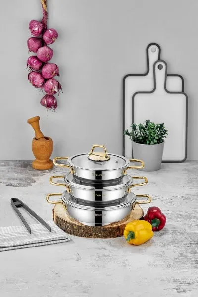 Paslanmaz Çelik Sahan Seti Gold Saplı 6 Parça - 16-18-20 cm Paslanmaz Çelik Sahan Seti Gold Saplı 6 Parça - 16-18-20 cm