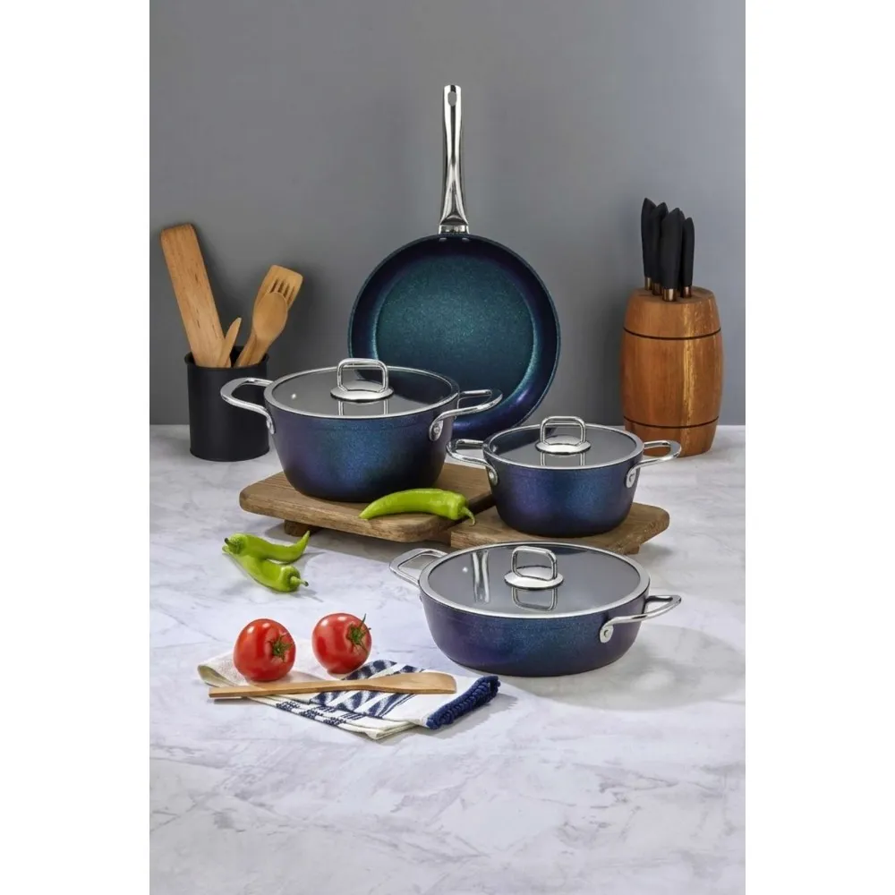 Polochef QUATRO 7 Parça Döküm Granit Tencere ve Tava Seti - Mavi 