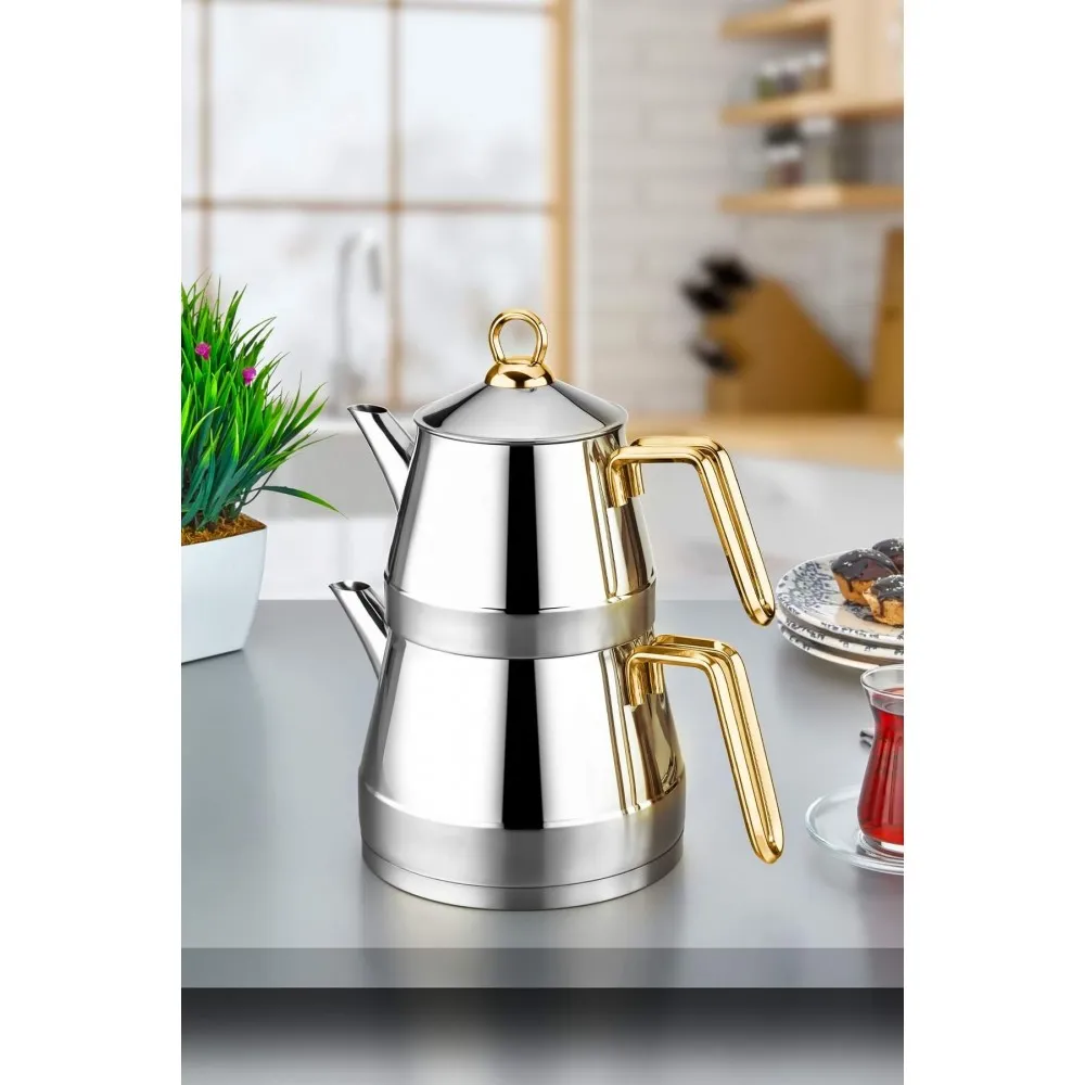 Polochef Venedik 18/10 Paslanmaz Çelik Çaydanlık Büyük Boy - Gold Saplı Polochef Venedik 18/10 Paslanmaz Çelik Çaydanlık Büyük Boy - Gold Saplı