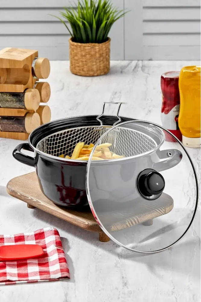 Polochef Emaye Kızartma Tenceresi 20 cm - Siyah Fritöz Telli ve Kapaklı