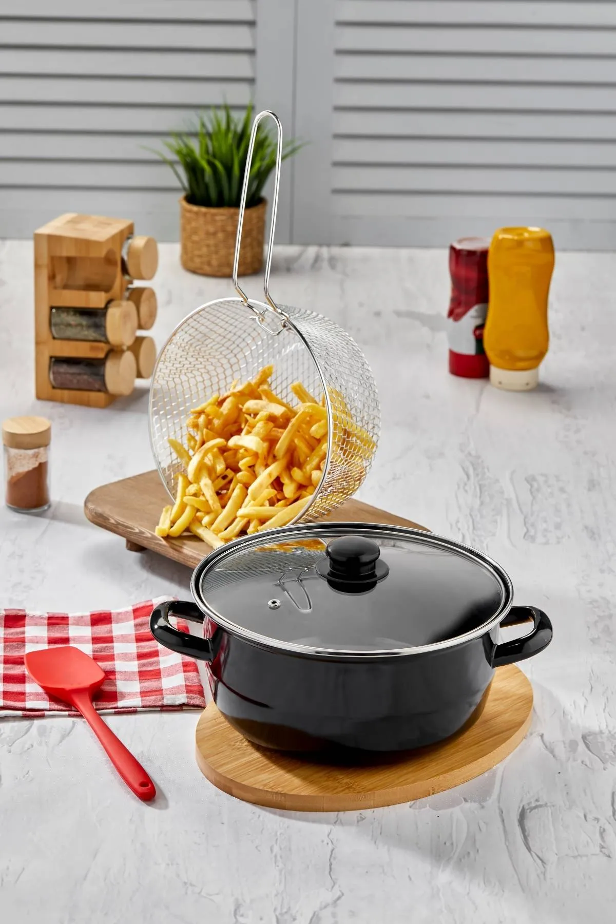 Emaye Kızartma Tenceresi 26 cm - Siyah Fritöz Telli ve Kapaklı
