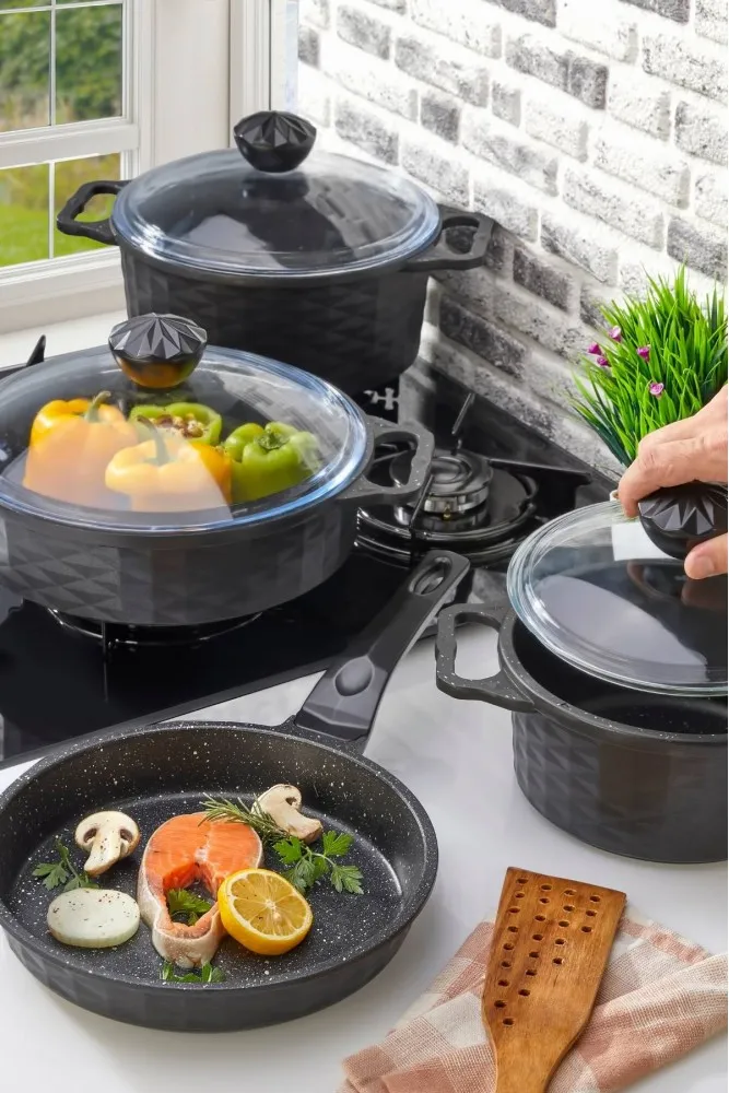 Polochef Kristal 7 Parça Döküm Granit Tencere ve Tava Seti - Siyah