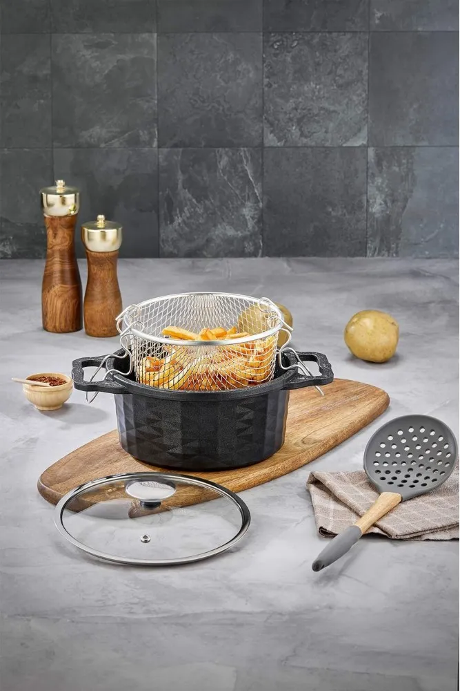 Polochef Kristal Döküm Granit Kızartma Tenceresi 20 cm - Siyah Yapışmaz Fritöz Tenceresi 