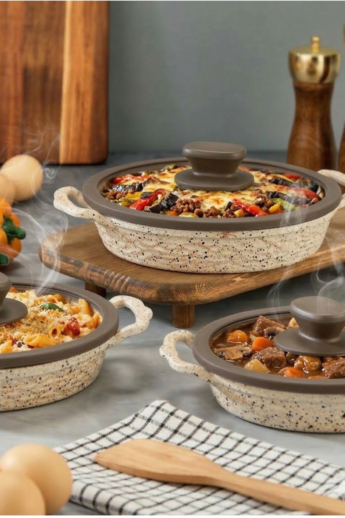 İnci Döküm Kapaklı Granit Sahan Seti 18-20-22 cm - Krem