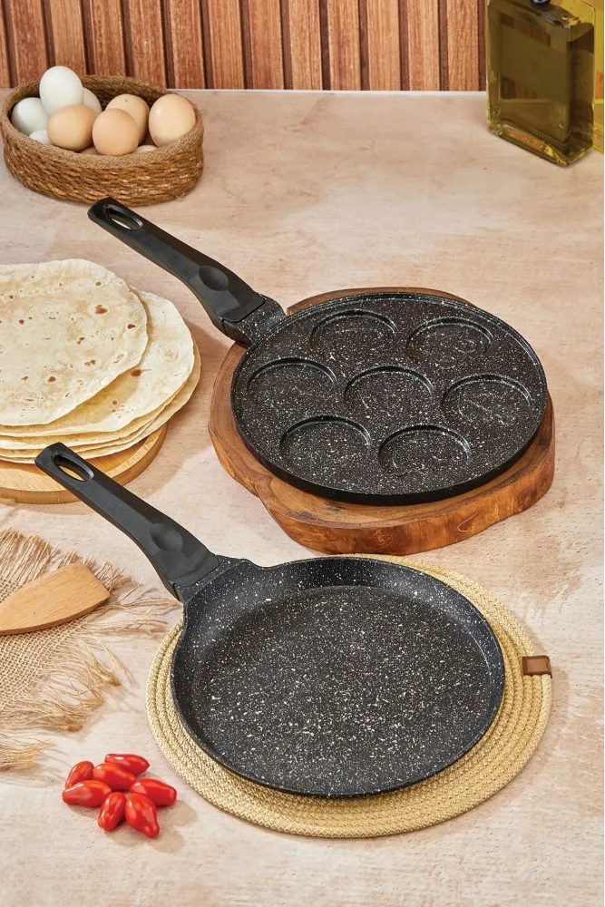 Polochef Granit 2li Kahvaltı Seti - Krep Tavası 26 cm + Pankek Tavası 26 cm - Siyah