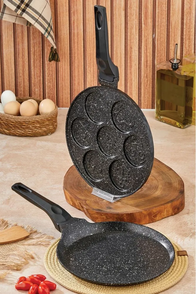 Polochef Granit 2li Kahvaltı Seti - Krep Tavası 26 cm + Pankek Tavası 26 cm - Siyah