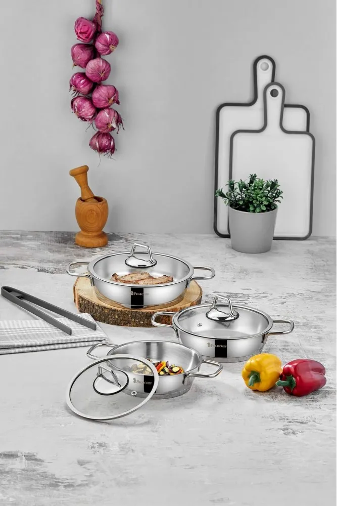 Polochef Paslanmaz Çelik Sahan Seti Silver Saplı 6 Parça - 16-18-20 cm
