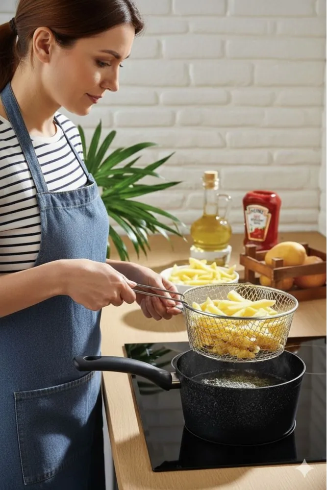 Polochef Melda Granit Kızartma Tavası 20 cm - Telli Fritöz Tenceresi - Patates ve Cips İçin - Siyah