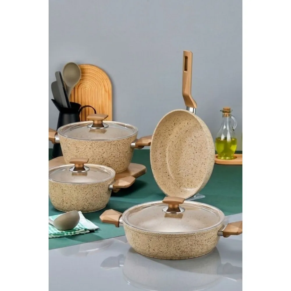 Polochef River Granit 7 Parça Tencere ve Tava Seti Bej