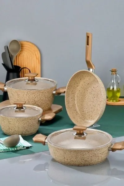 Polochef River Granit 7 Parça Tencere ve Tava Seti Bej