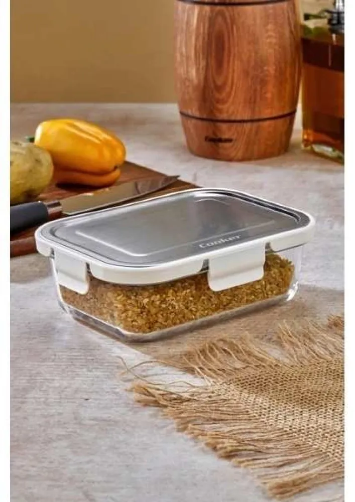 Cooker 1500 ml Cam Saklama Kabı KREM – Paslanmaz Çelik Kapaklı, Hava Geçirmez, Mikrodalga ve Buzdolabı Uyumlu
