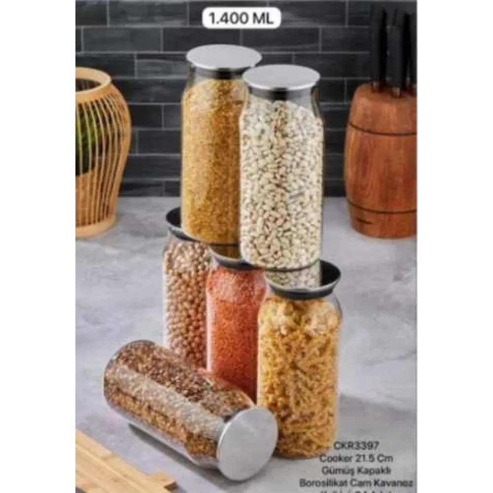 Cooker 2 ADET  Kavanoz Cam Borosilikat Gümüş Kapaklı VAKUMLU 21.5Cm 