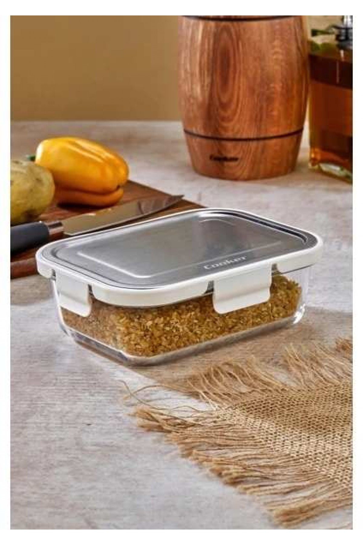 Cooker 370 ml Cam Saklama Kabı KREM – Paslanmaz Çelik Kapaklı, Hava Geçirmez, Mikrodalga ve Buzdolabı Uyumlu