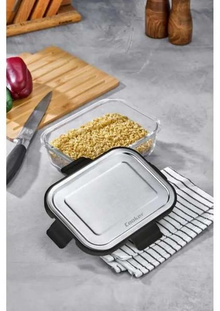 Cooker 370 ml Cam Saklama Kabı SİYAH– Paslanmaz Çelik Kapaklı, Hava Geçirmez, Mikrodalga ve Buzdolabı Uyumlu