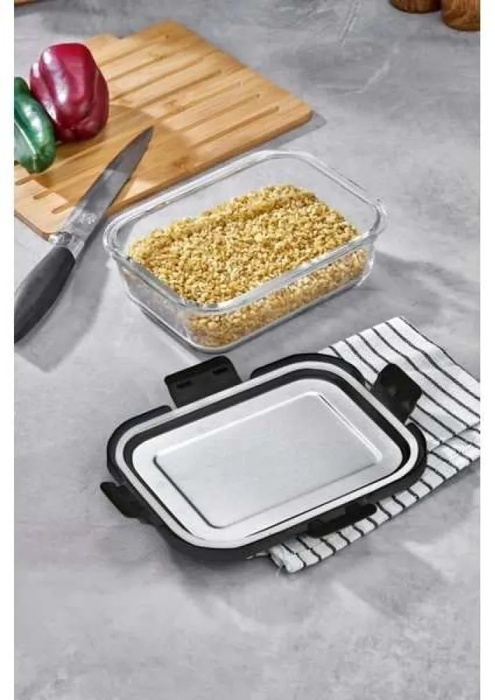 Cooker 640 ml Cam Saklama Kabı SİYAH– Paslanmaz Çelik Kapaklı, Hava Geçirmez, Mikrodalga ve Buzdolabı Uyumlu