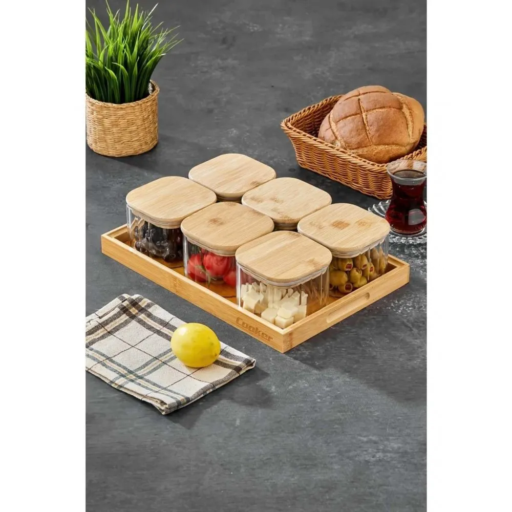 Cooker KARE 6’lı Kare Borosilikat Cam Kahvaltılık Seti – Bambu Kapaklı, Ahşap Tepsili Şık Sunum Seti