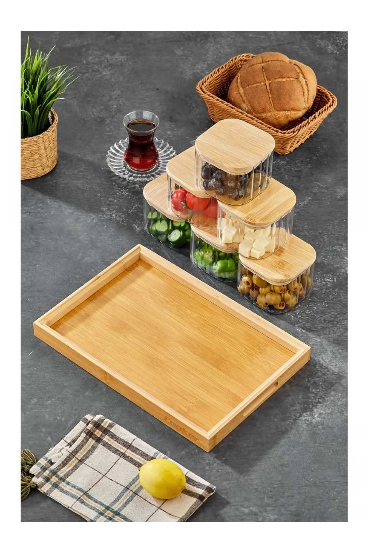 Cooker KARE 6’lı Kare Borosilikat Cam Kahvaltılık Seti – Bambu Kapaklı, Ahşap Tepsili Şık Sunum Seti