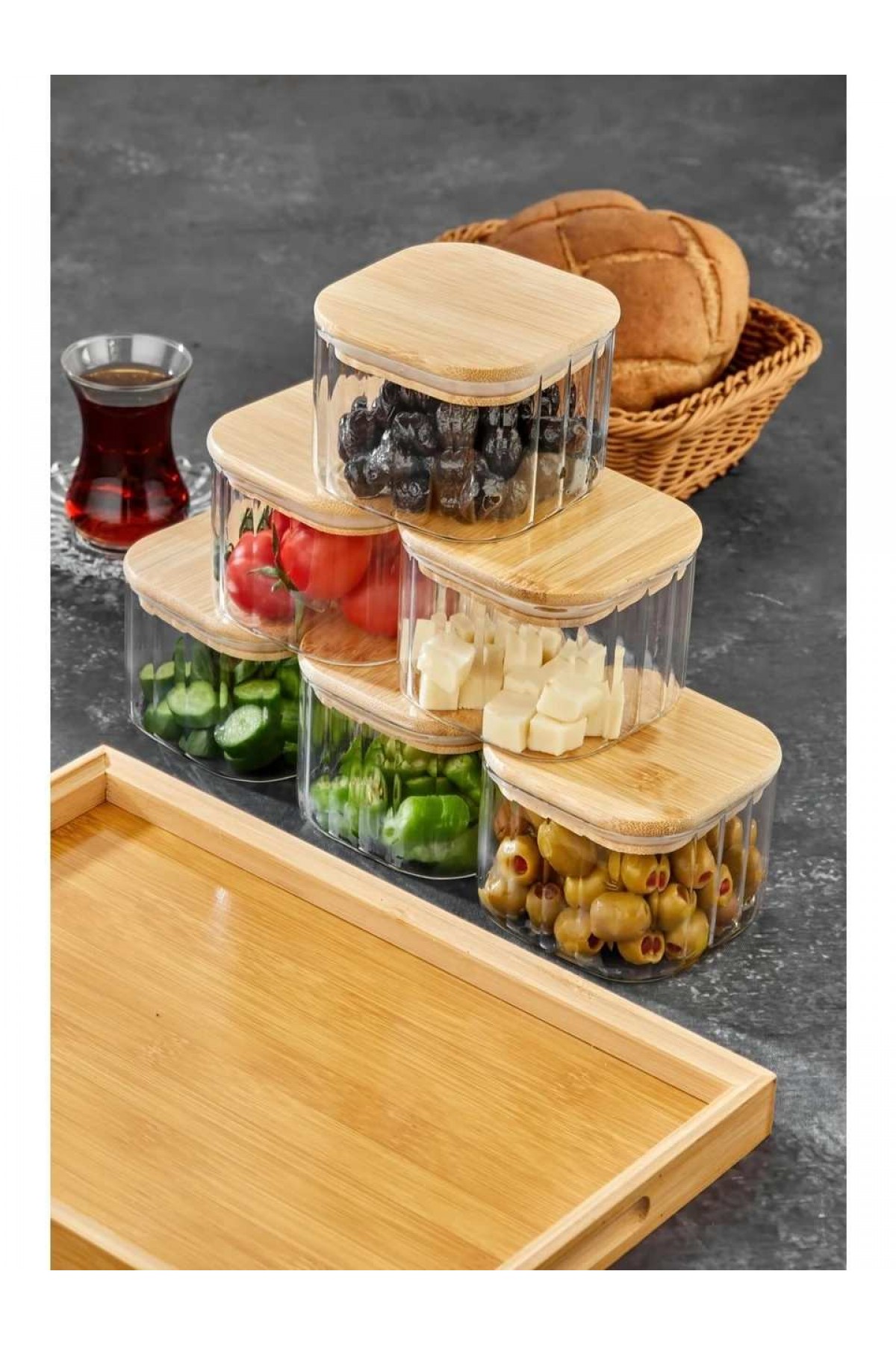 Cooker KARE 6’lı Kare Borosilikat Cam Kahvaltılık Seti – Bambu Kapaklı, Ahşap Tepsili Şık Sunum Seti