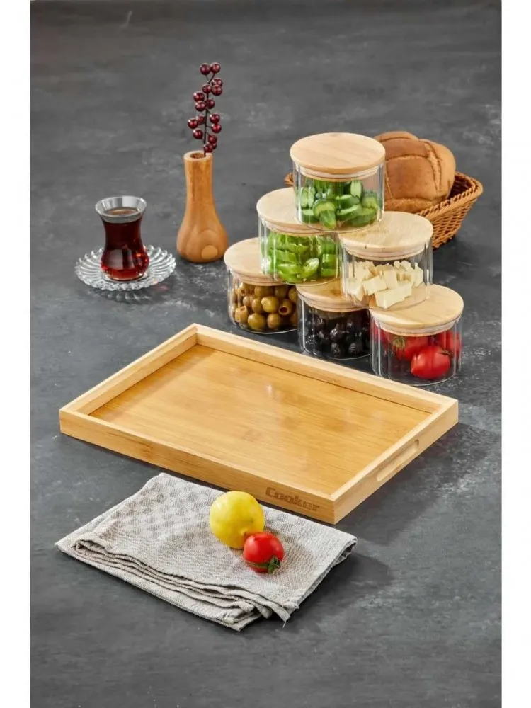 Cooker OVAL 6’lı Borosilikat Cam Kahvaltılık Seti  – Bambu Kapaklı ve Ahşap Tepsili Sunum Seti