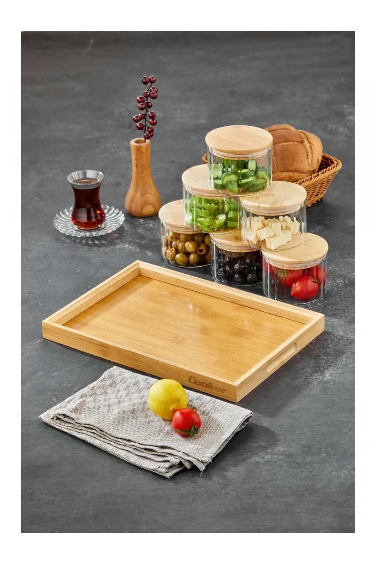 Cooker OVAL 6’lı Borosilikat Cam Kahvaltılık Seti  – Bambu Kapaklı ve Ahşap Tepsili Sunum Seti