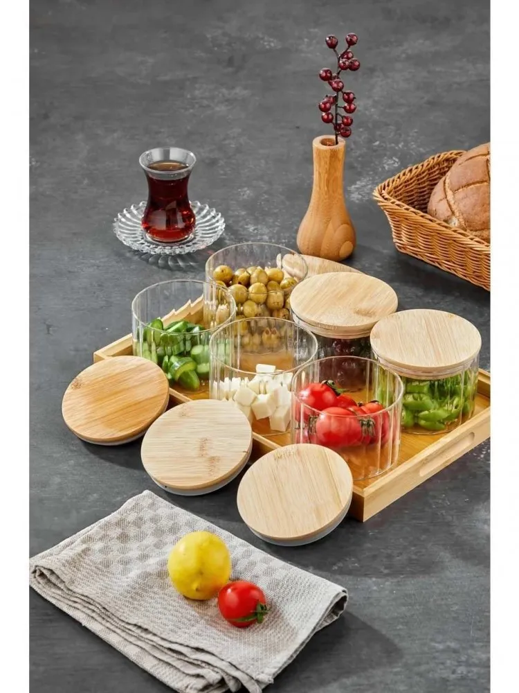 Cooker OVAL 6’lı Borosilikat Cam Kahvaltılık Seti  – Bambu Kapaklı ve Ahşap Tepsili Sunum Seti