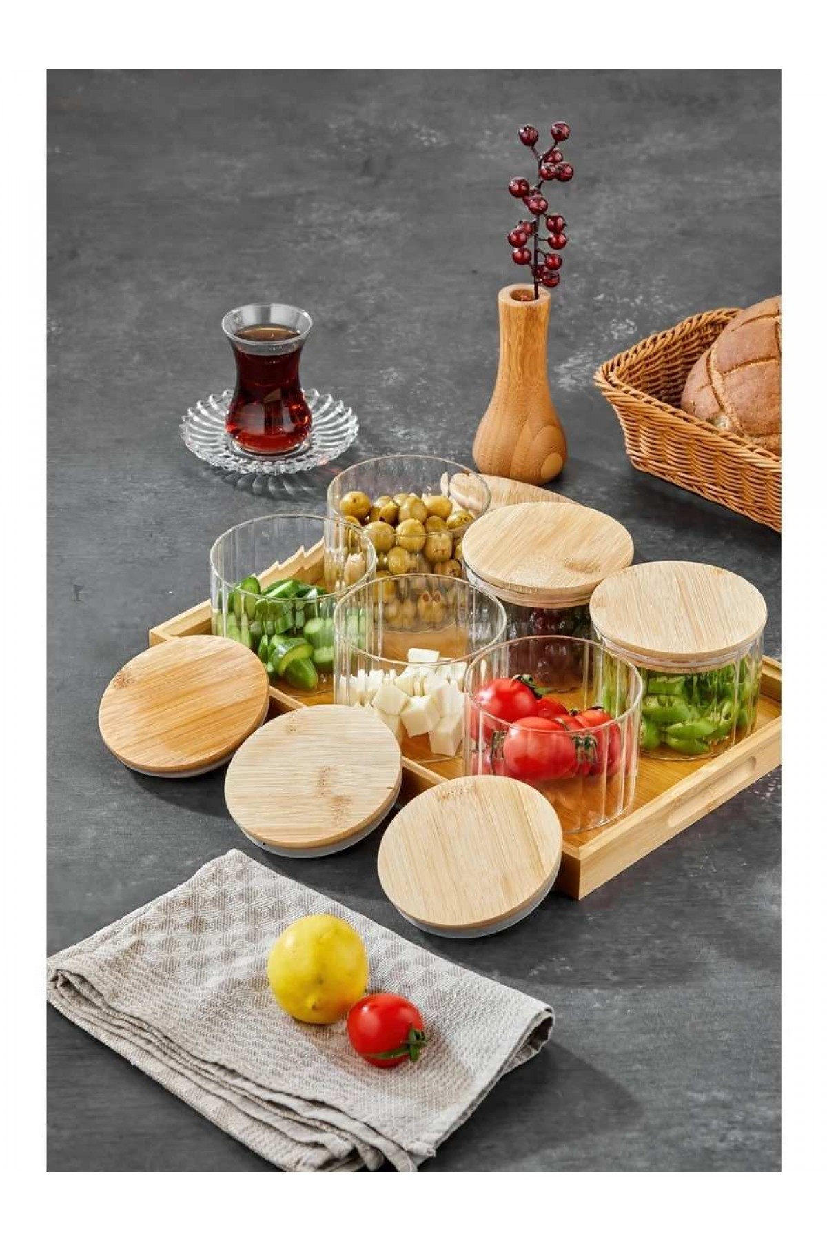Cooker OVAL 6’lı Borosilikat Cam Kahvaltılık Seti  – Bambu Kapaklı ve Ahşap Tepsili Sunum Seti