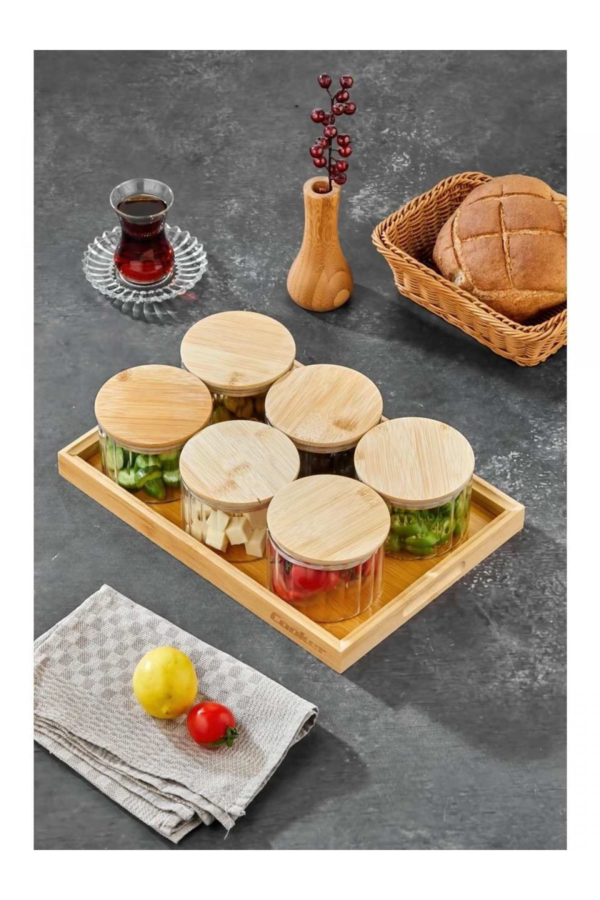 Cooker OVAL 6’lı Borosilikat Cam Kahvaltılık Seti  – Bambu Kapaklı ve Ahşap Tepsili Sunum Seti