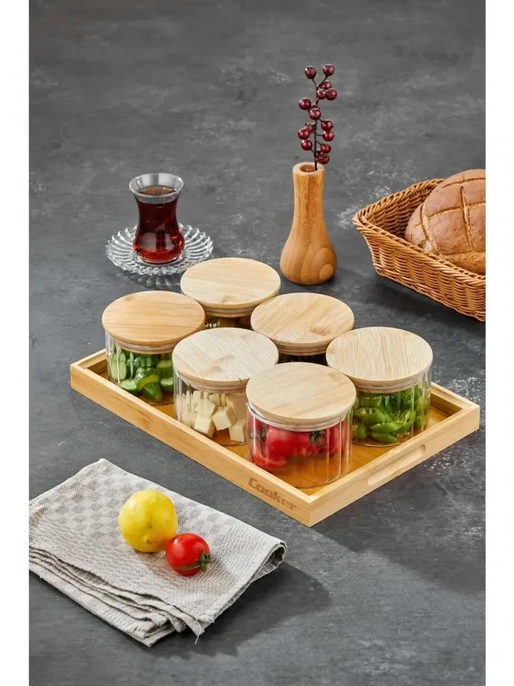 Cooker OVAL 6’lı Borosilikat Cam Kahvaltılık Seti  – Bambu Kapaklı ve Ahşap Tepsili Sunum Seti