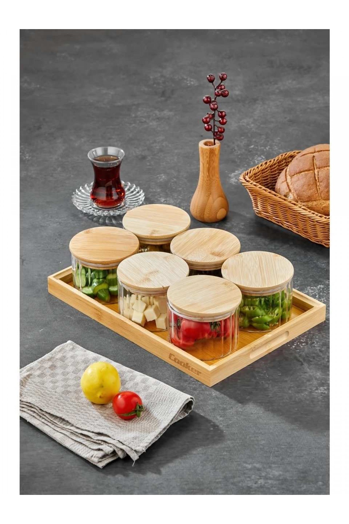 Cooker OVAL 6’lı Borosilikat Cam Kahvaltılık Seti  – Bambu Kapaklı ve Ahşap Tepsili Sunum Seti