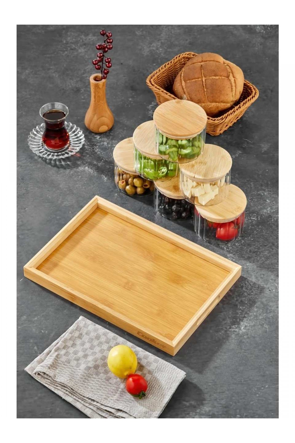 Cooker OVAL 6’lı Borosilikat Cam Kahvaltılık Seti  – Bambu Kapaklı ve Ahşap Tepsili Sunum Seti