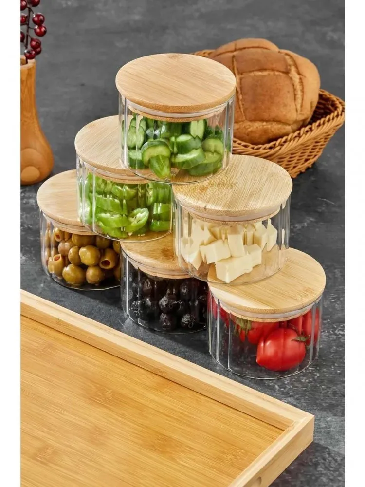 Cooker OVAL 6’lı Borosilikat Cam Kahvaltılık Seti  – Bambu Kapaklı ve Ahşap Tepsili Sunum Seti