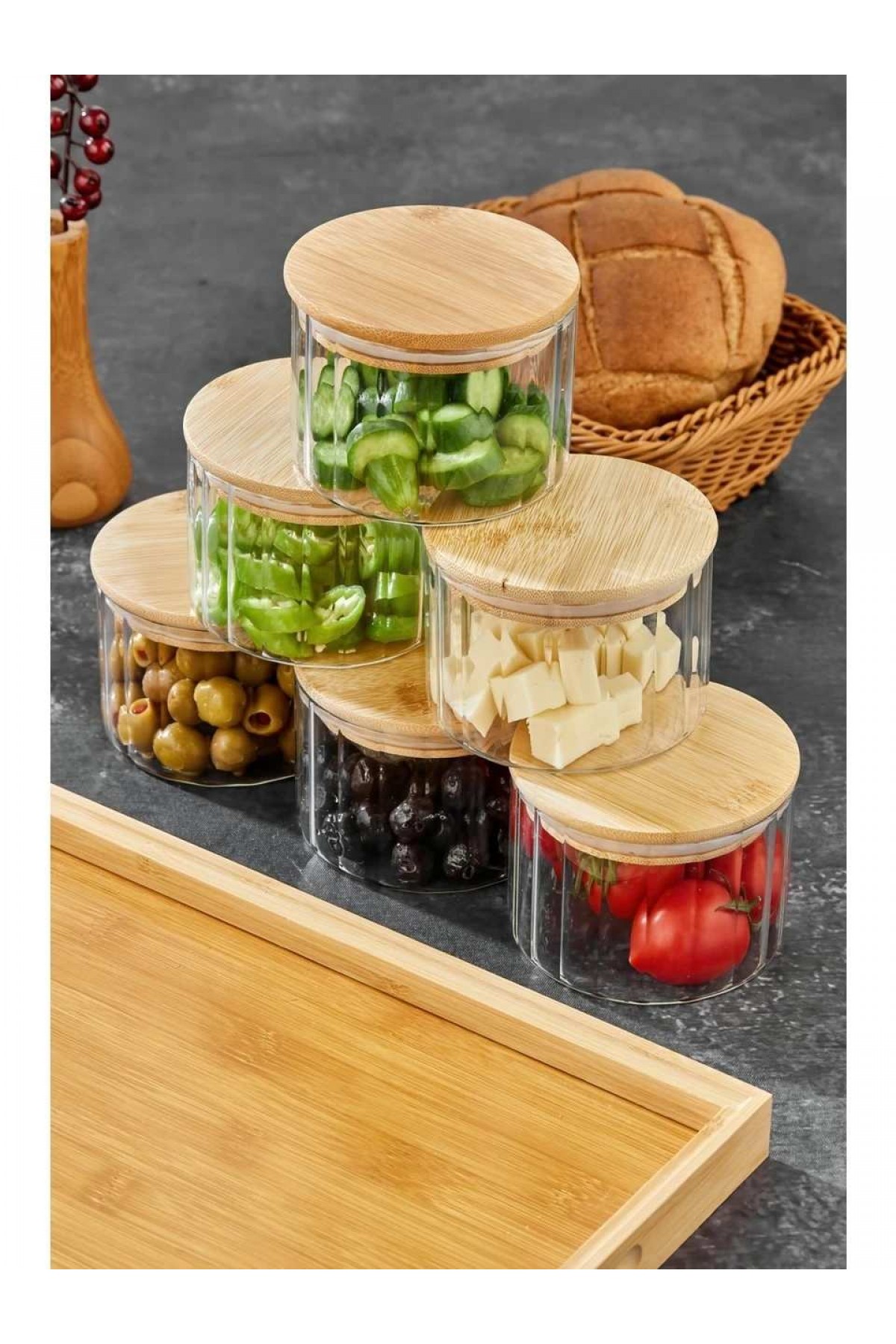 Cooker OVAL 6’lı Borosilikat Cam Kahvaltılık Seti  – Bambu Kapaklı ve Ahşap Tepsili Sunum Seti