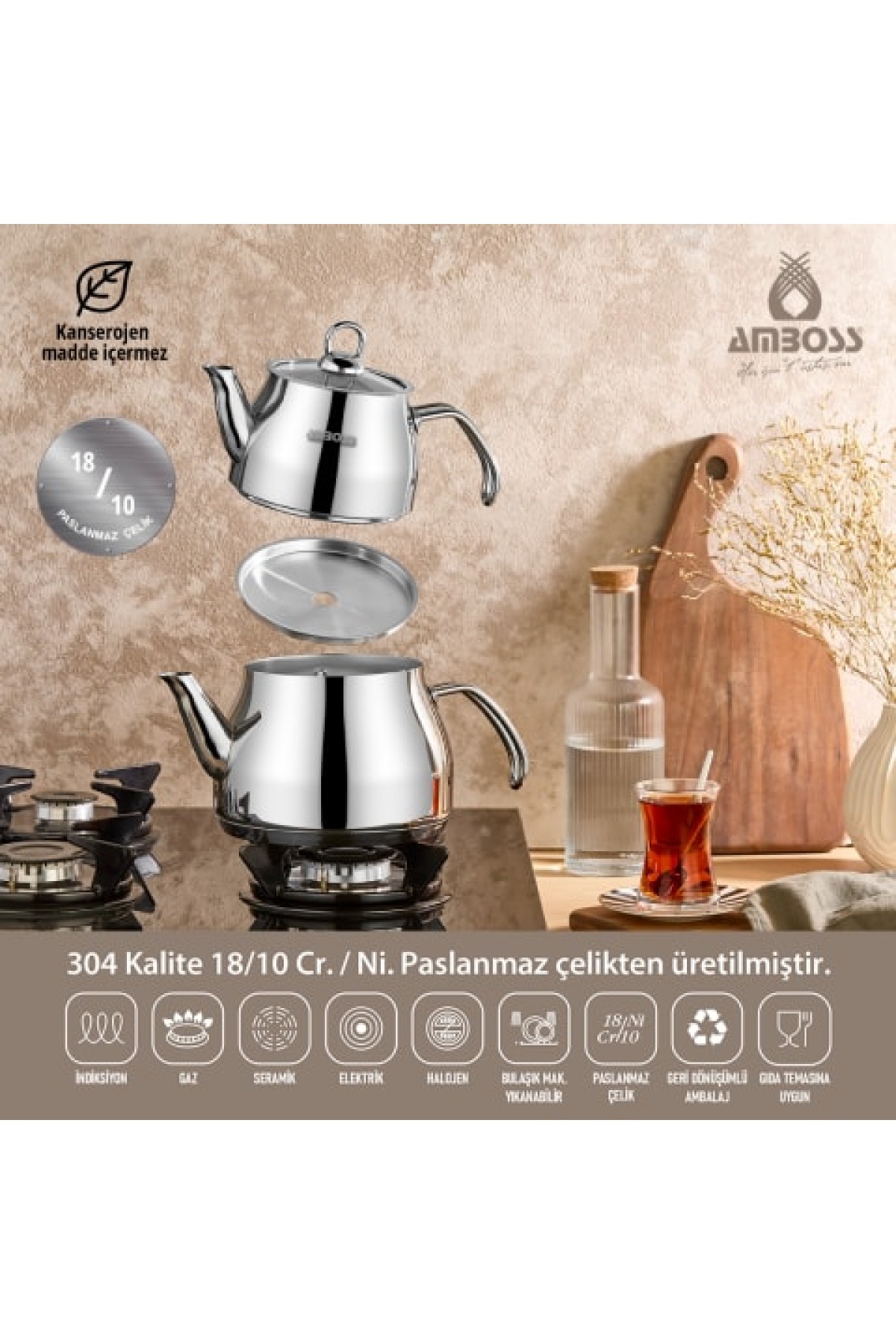 AMBOSS PRİME 304 KALİTE BÜYÜK BOY 304 KALİTE PASLANMAZ ÇAYDANLIK