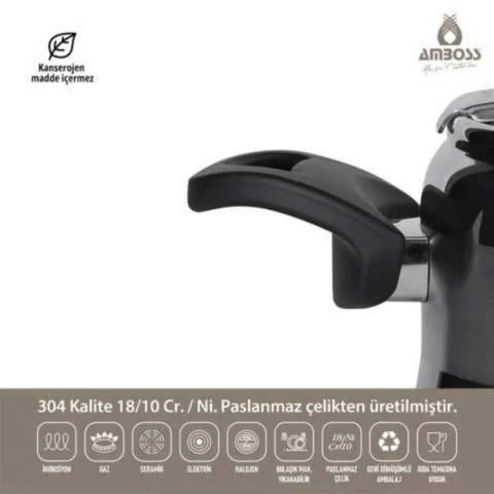 Amber Paslanmaz Çelik İndüksiyon Tabanlı Klasik Düdüklü Tencere - Siyah Kulp - 10 lt.