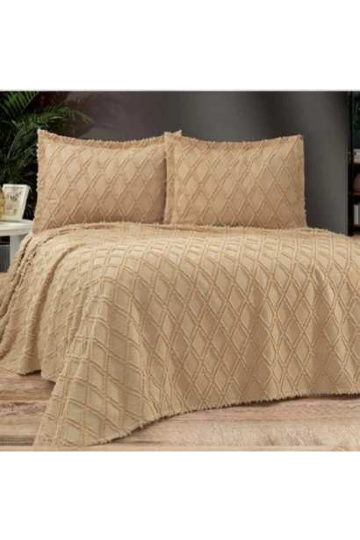 GOLDEN HOME CAROLİNA ÇİFT KİŞİLİK YASTIKLI PİKE KAPİÇİNO