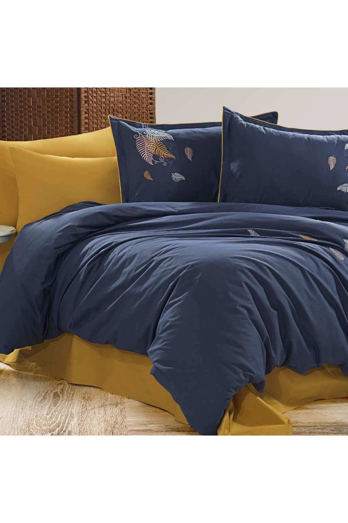 GOLDEN HOME LOREN MODEL ÇİFT KİŞİLİK NAKIŞLI NEVRESİM %100 PAMUKLU LACİVERT