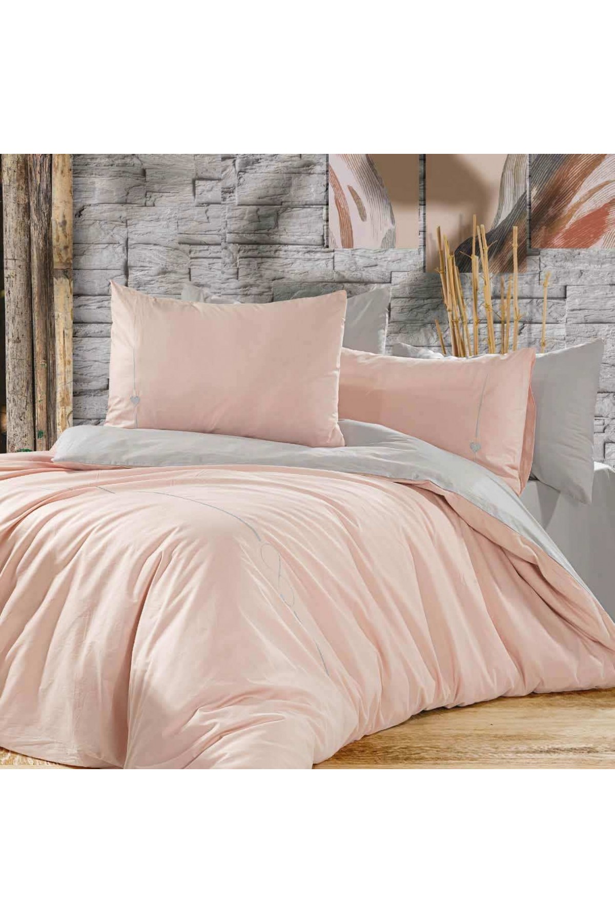 GOLDEN HOME ÇİFT KİŞİLİK PUDRA-GRİ LOVELY MODEL NEVRESİM TAKIMI %100 PAMUK