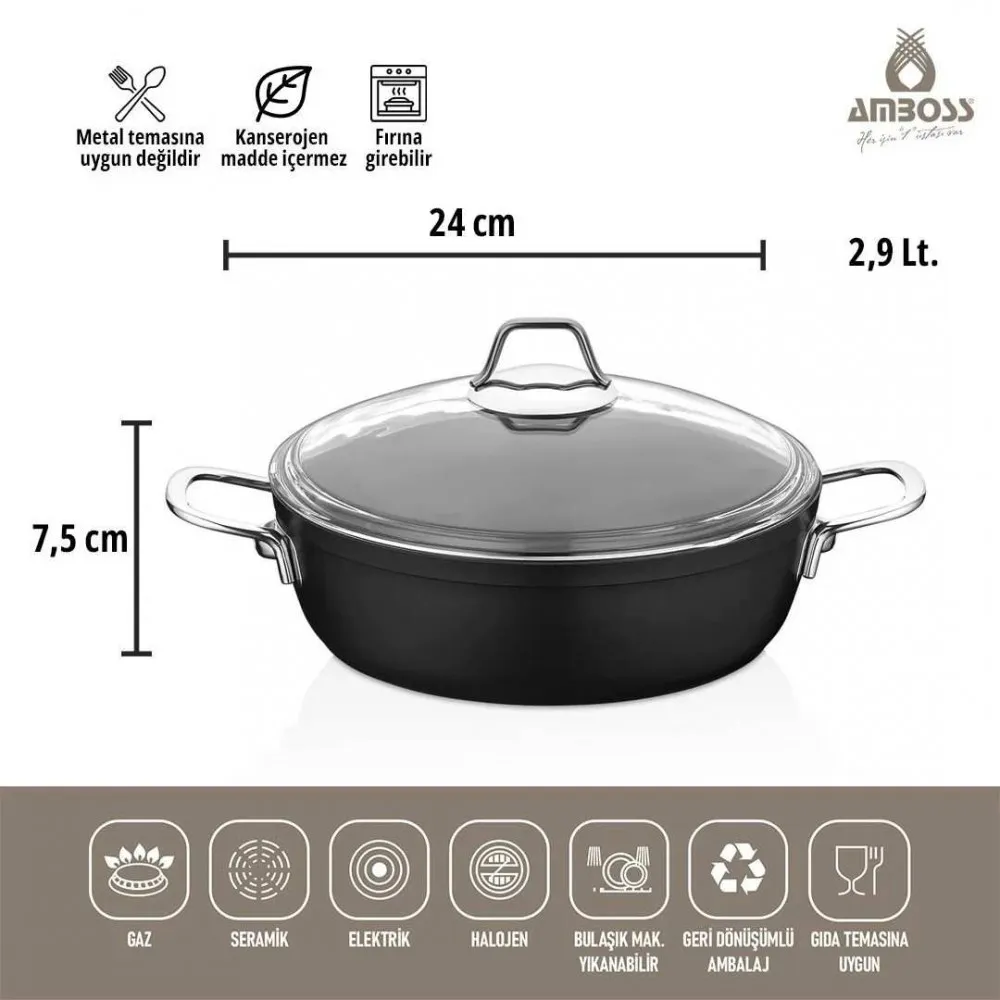 Amboss Dark Basık Tencere  Cam Kapaklı Yanmaz Yapışmaz Titanyum Kaplama   - 24 cm